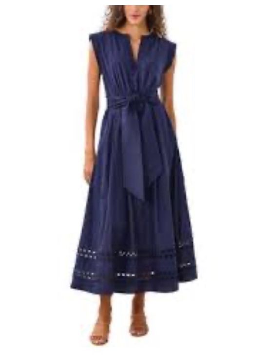 Cartolina Dresses & Skirts - Sleeveless Navy Maxi Dress with Waist Tie and Eyelet Hem